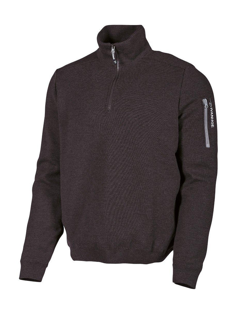 Tröja med halv dragkedja och zipficka, i mörkbrun färg, med en texturerad yta och en stilren design.