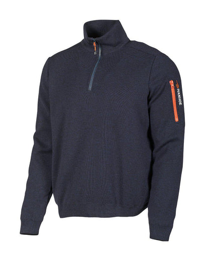 Tröja med halv dragkedja och zipficka, i blå färg, med en texturerad yta och en stilren design.