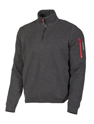 Tröja med halv dragkedja och zipficka, i grå färg, med en texturerad yta och en stilren design.