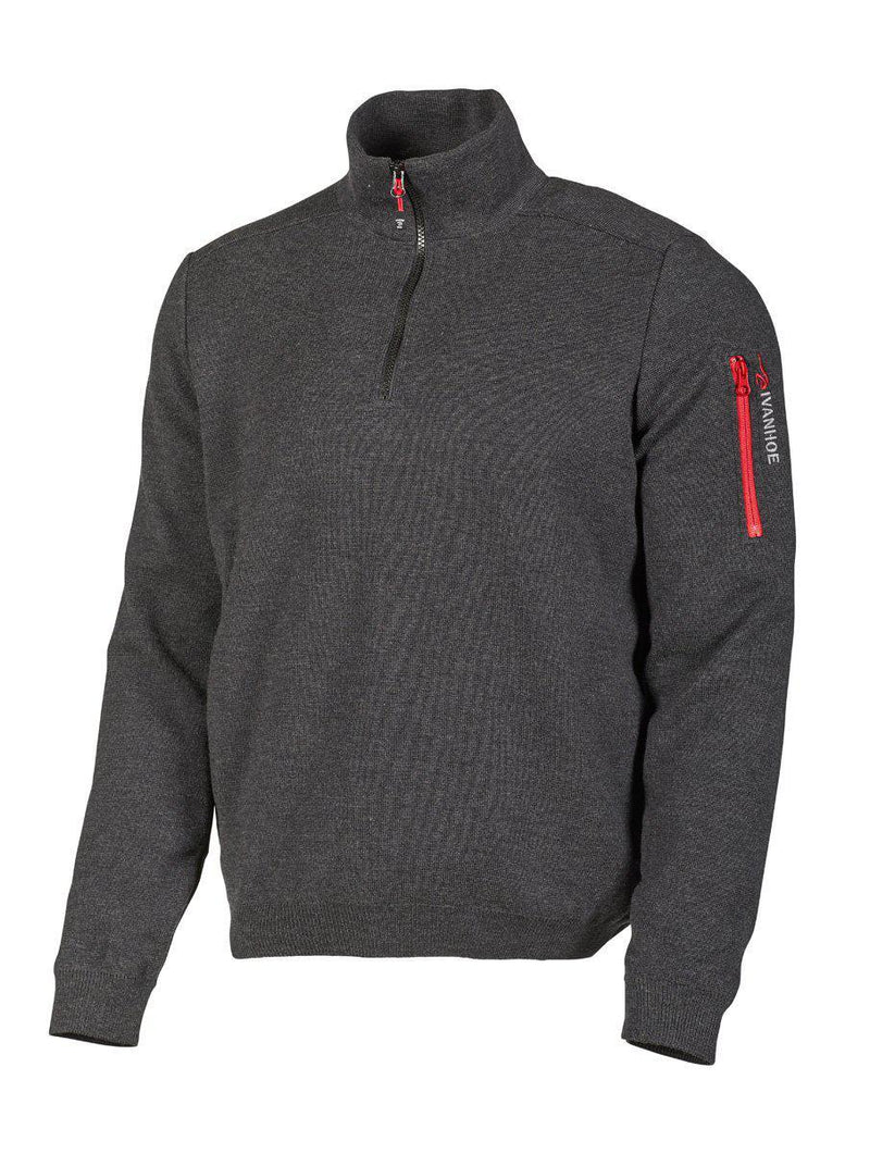 Tröja med halv dragkedja och zipficka, i grå färg, med en texturerad yta och en stilren design.